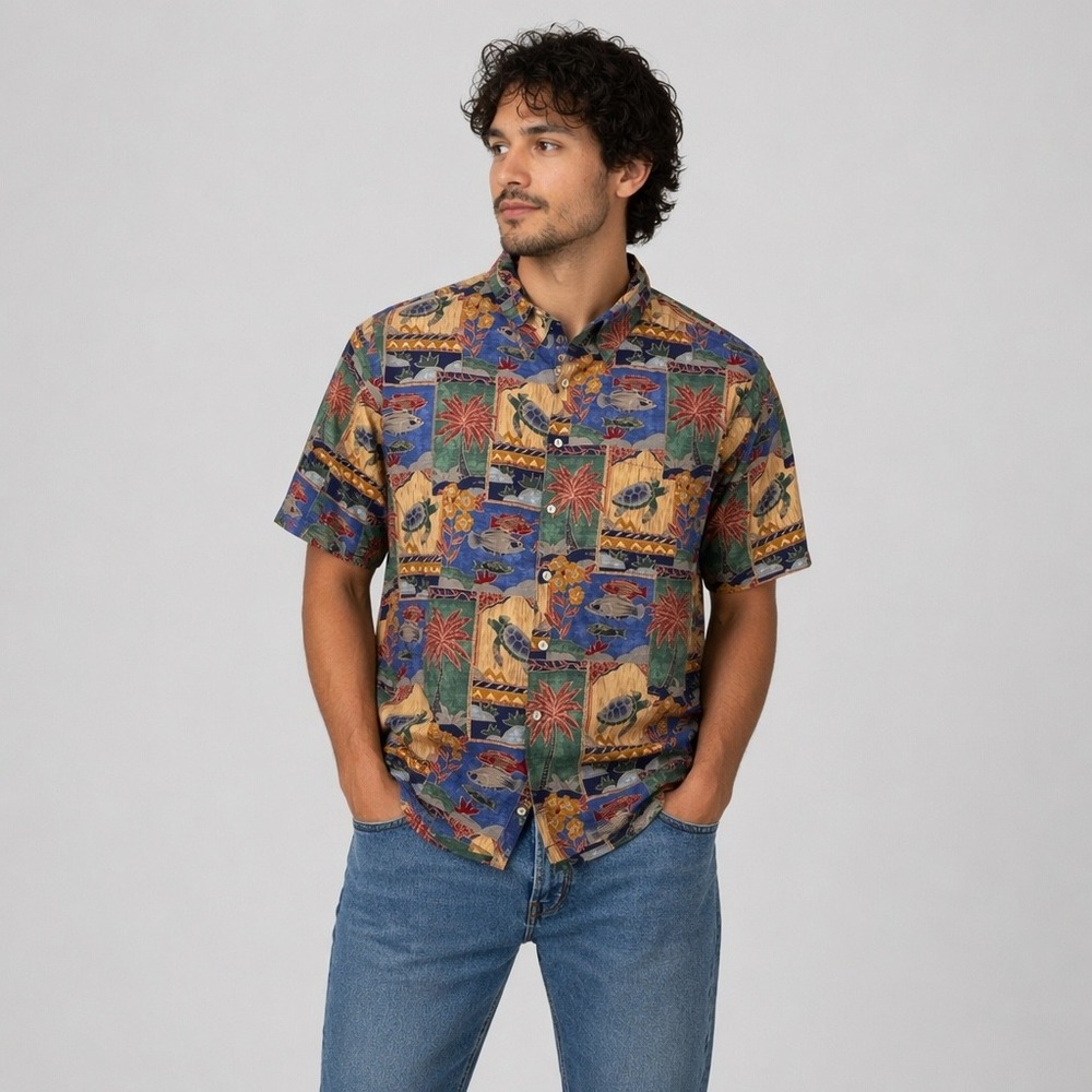 Tori Richard Mens 2XL Cotton Lawn Hawaiian Shirt Sea Turtle Fish Palm Tree Blue - Picture 12 of 12